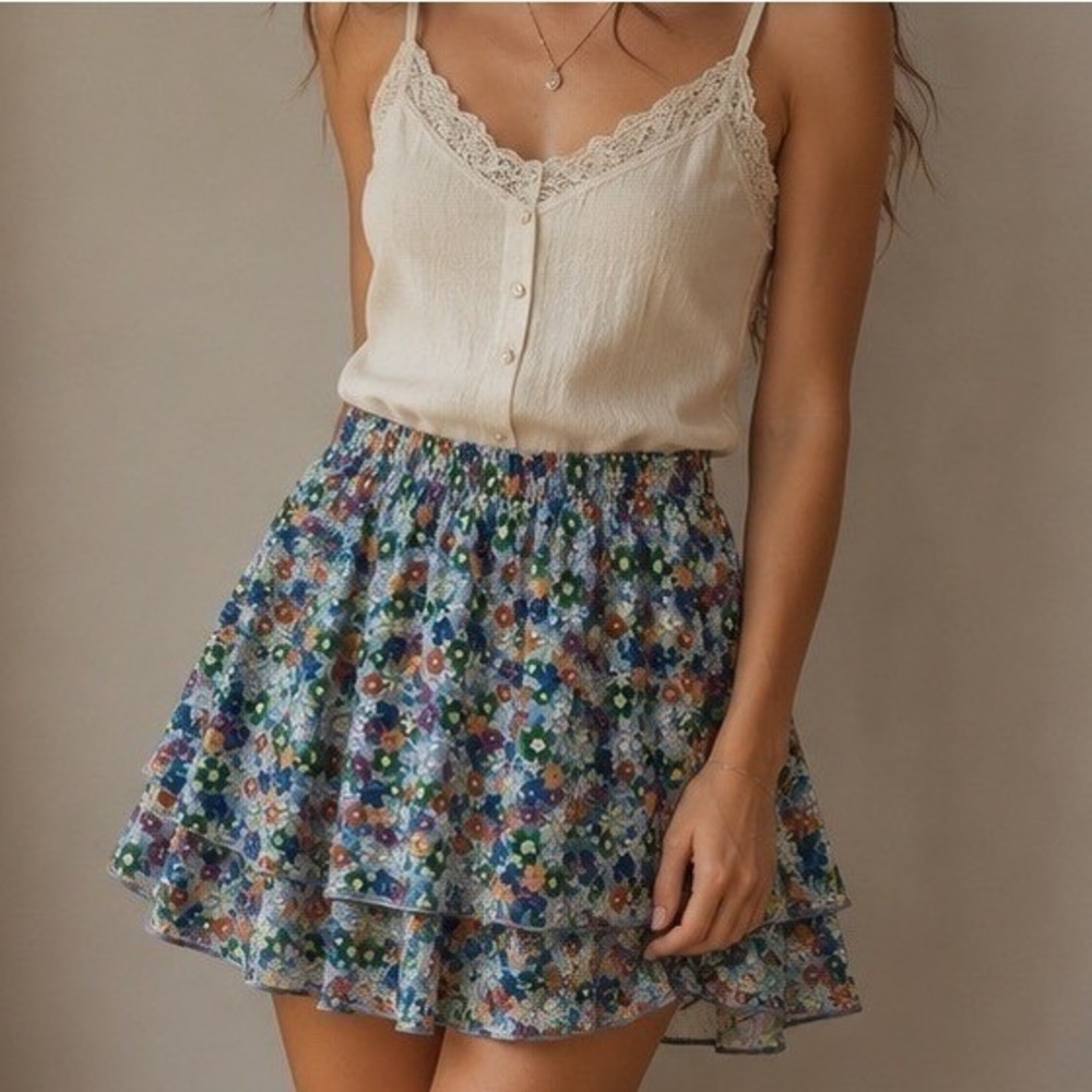 Blue Floral Tiered Ruffle Skort Mini Skirt L PullOn Cottagecore Prairie Poetcore